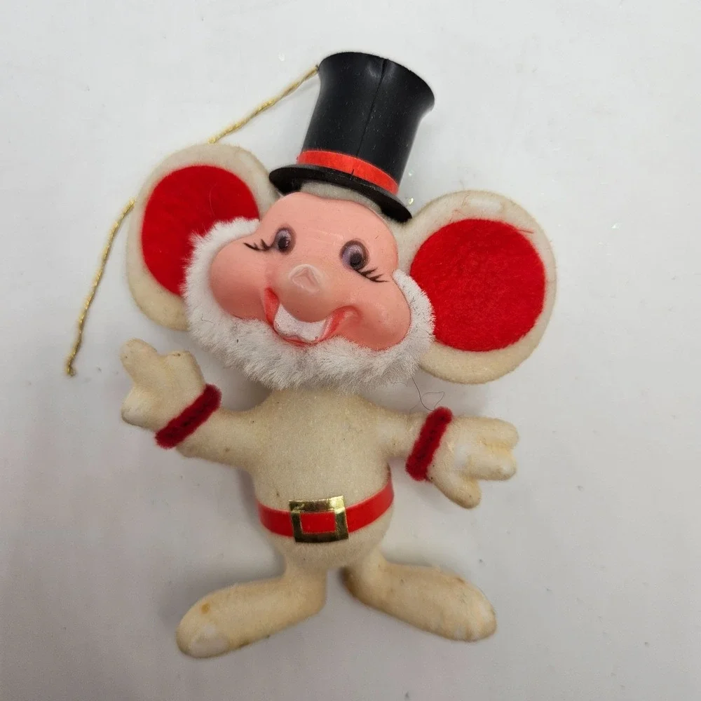 Vintage Flocked Mouse Christmas Ornament‎ Top Hat Santa Style Red Ears Felt